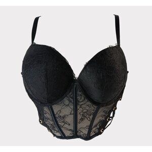 Victorias Secret Very Sexy Rose Black Lace Push Up Bra 38C Grommet Corset Top